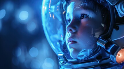 Young child with a dreamy expression wearing a futuristic astronaut helmet gazing into the distance with a sense of wonder and curiosity. - obrazy, fototapety, plakaty