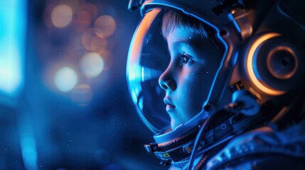 Young astronaut gazing into the distance wearing a helmet with a reflective visor surrounded by a starry space environment. - obrazy, fototapety, plakaty