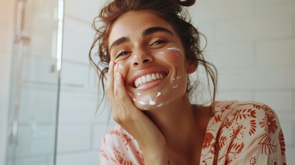 A joyful woman with a radiant smile applying a white cream to her face set against a clean white tiled wall.