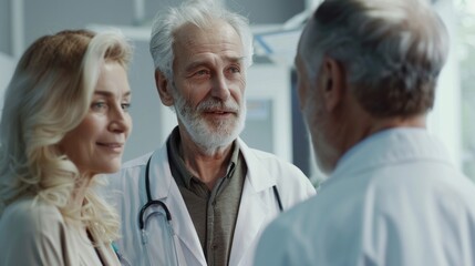 Fototapeta premium Three people in a medical setting two doctors and a patient engaged in a conversation.