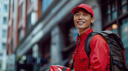A young man in a red jacket and cap smiling with a backpack standing on a city street.