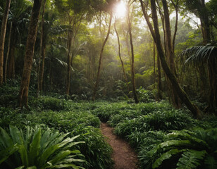Obraz premium Lush Green Path in Tranquil Tropical Jungle