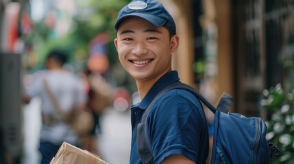 Young man in blue cap and shirt smiling carrying a backpack standing on a busy street with blurred background.