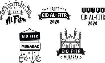 Eid al fitr or ramadan celebration sticker and typography.  doodle art sticker