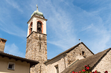 View of the bell tower of Church of Saints Peter and Paul (Santi Pietro e Paolo) in Vira...