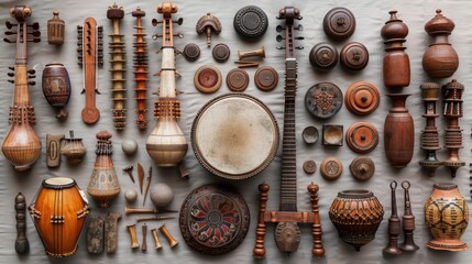 A panoramic view of a neatly arranged set of traditional musical instruments, emphasizing their forms and cultural significance