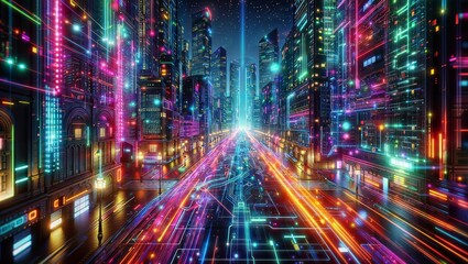 A futuristic, neon-lit cityscape at night, with towering skyscrapers, illuminated by vibrant pink, purple, blue, and green light trails, creating a cyberpunk atmosphere.
