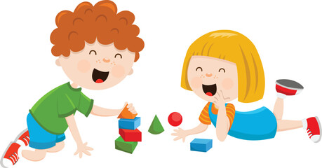 Cute Little Kids Playing With Blocks