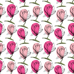Seamless pattern with spring and summer flowers. Sketch-style magnolia pattern, hand-drawn on white background for unique design of packaging and flower shops.