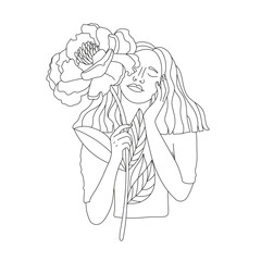 Abstract line minimalistic woman face art. Beautiful girl portrait with peony flower. Blossom. Elegant linear illustration. Vector for prints, tattoos, posters, textile, cards etc.