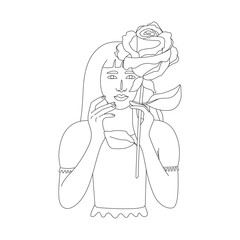 Abstract line minimalistic woman face art. Beautiful girl portrait with rose flower. Blossom. Elegant linear illustration. Vector for prints, tattoos, posters, textile, cards etc.