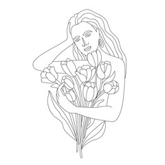 Abstract line minimalistic woman face art. Beautiful girl portrait with bouquet of tulip flowers. Blossom. Elegant linear illustration. Vector for prints, tattoos, posters, textile, cards etc.
