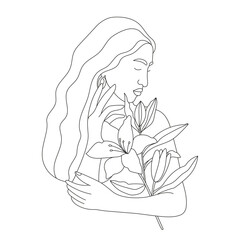 Abstract line minimalistic woman face art. Beautiful girl portrait with lily flower. Blossom. Elegant linear illustration. Vector for prints, tattoos, posters, textile, cards etc.