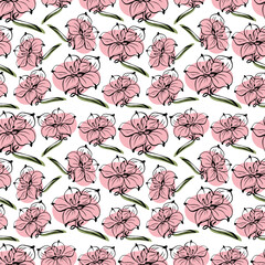 Seamless pattern with spring and summer flowers. Sketch-style magnolia pattern, hand-drawn on white background for unique design of packaging and flower shops.