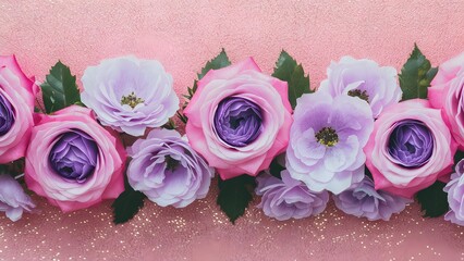 Romantic pink purple roses flower border on soft glitter background