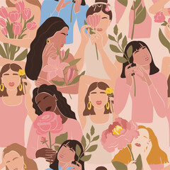 Seamless pattern with women different cultures. Women with floral. Girl power, struggle for equality, feminism concept. Texture for textile, packaging, wrapping paper, social media post etc. Vector.