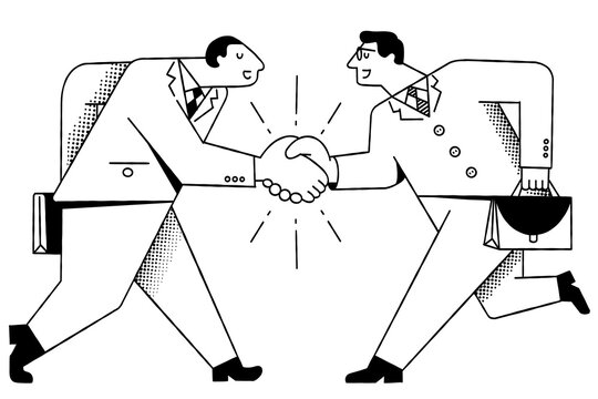 Two businessmen doing shaking hands in agreement. Vector illustration doodle, cute character, hand drawn sketch, black and white ink style.
