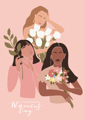 International Women's Day greeting card. Abstract woman portrait different nationalities with flowers. Girl power, struggle for equality, feminism, sisterhood concept. Vector illustration.