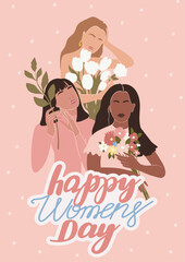 International Women's Day greeting card. Abstract woman portrait different nationalities with flowers. Girl power, struggle for equality, feminism, sisterhood concept. Vector illustration.