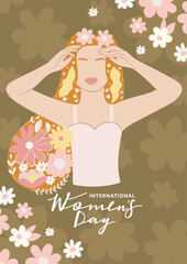 International Women's Day greeting card. Abstract woman portrait with various flowers in hair. Girl power, struggle for equality, feminism, sisterhood concept. Vector illustration.