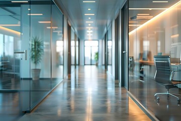 Obraz premium Contemporary office corridor with blurred room background perfect for business presentations or corporate environments. Concept Office Corridor, Contemporary Design, Blurred Background