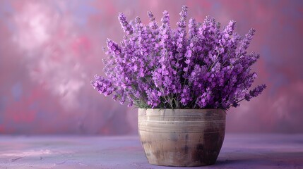 a cluster of lavender in a rustic wooden pot, against a soft lavender backdrop, portraying the fragrant blooms and delicate stems in lifelike 16k ultra HD.