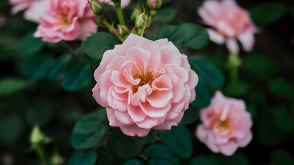 Rose blooming in summer garden, pink flowers blossoming outdoors