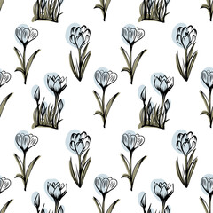 Seamless pattern with spring and summer flowers. Sketch-style crocus pattern, hand-drawn on white background for unique design of packaging and flower shops.