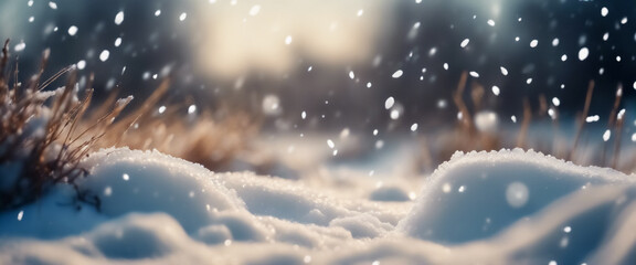 Atmosfera Invernale- Affascinante Immagine Ultralarga di Nevicata Leggera su Monticelli di Neve - obrazy, fototapety, plakaty