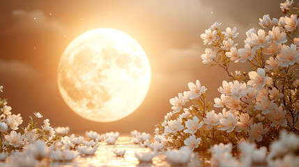 A full moon with few white flowers in the foreground background - Powered by Adobe