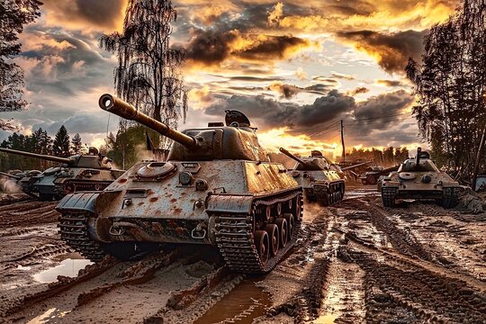 Tanks on the battlefield of World War II. Military equipment. Military Tank or tank on the battlefield at sunset.