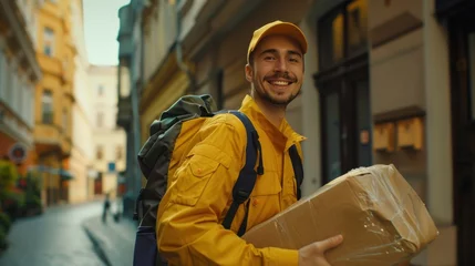Tuinposter Young man in yellow jacket and cap smiling holding a large wrapped package with a backpack on his back walking down a narrow city street lined with buildings. © iuricazac
