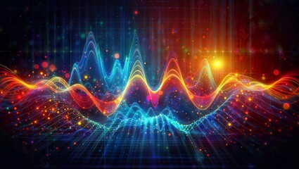 Fototapeta na wymiar This abstract digital visualization depicts glowing, rhythmic waveforms in shades of red, orange, yellow, blue, and purple, surrounded by particles and grid patterns, evoking data, sound.