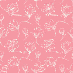 Seamless pattern with spring and summer flowers. Sketch-style magnolia pattern, hand-drawn on pink background for unique design of packaging and flower shops.