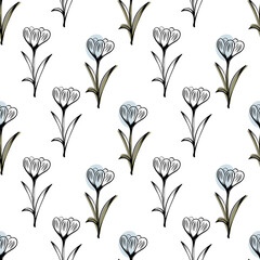 Seamless pattern with spring and summer flowers. Sketch-style crocus pattern, hand-drawn on white background for unique design of packaging and flower shops.