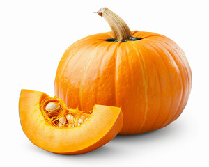 Whole pumpkin with slice isolated on white background. Close-up Shot. 