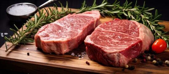 Two raw steaks made from beef, an animal product, are resting on a wooden cutting board, ready to...