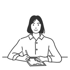 書類に書き込むシンプルな女性のイラスト　モノクロ、白黒、ベクター素材、背景なし