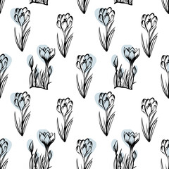 Seamless pattern with spring and summer flowers. Sketch-style crocus pattern, hand-drawn on white background for unique design of packaging and flower shops.
