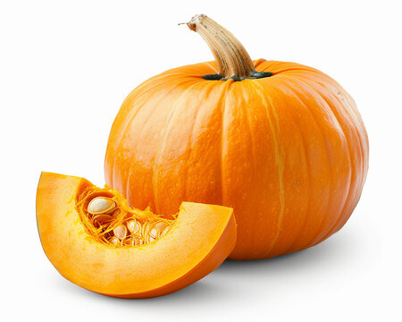 Whole pumpkin with slice isolated on white background. Close-up Shot. 