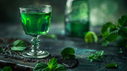 Green Absinthe in crystal glass on table - obrazy, fototapety, plakaty