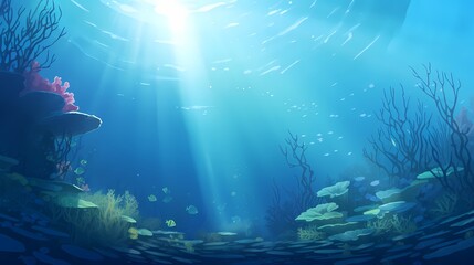 Fototapeta na wymiar A tranquil underwater gradient scene, with deep ocean blues transitioning to aquamarine greens, providing a serene backdrop for graphic resources and illustrations.