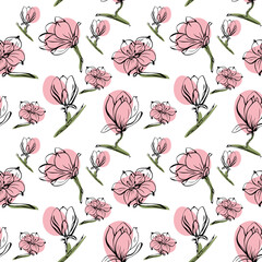 Seamless pattern with spring and summer flowers. Sketch-style magnolia pattern, hand-drawn on white background for unique design of packaging and flower shops.