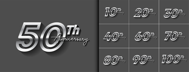 set of anniversary logotype style with silver color for celebration event, wedding, greeting card, and invitation.