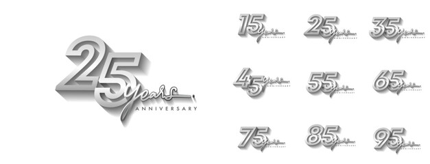Sets of anniversary logotype style with silver color for celebration event, wedding, greeting card, and invitation