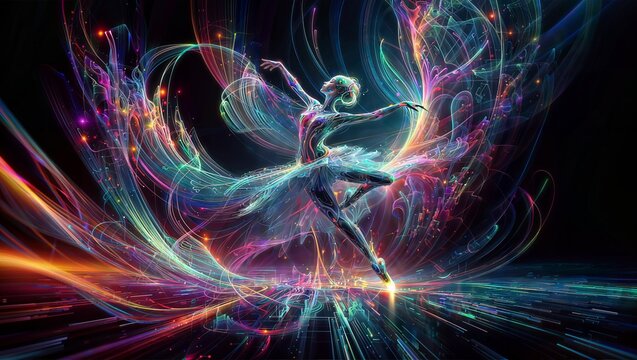 A surreal digital illustration depicting a graceful ethereal figure in motion, surrounded by swirling energy tendrils and intricate geometric patterns, evoking a sense of cosmic dance, spirituality.