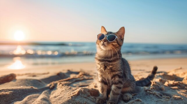 cat wearing sunglasses sitting in the sand on the beach in evening on sunset. 