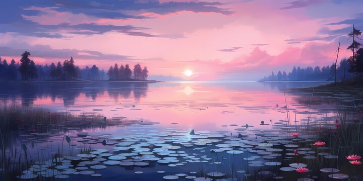 A tranquil sunset over a serene lake, with hues of pastel pink melting into deep indigo.