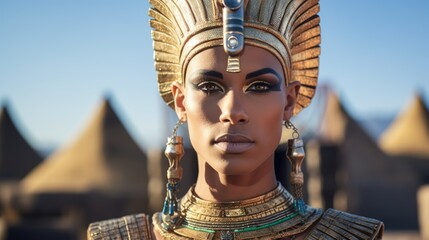 Close-up portrait of an Egyptian pharaoh in royal attire and his entourage. Ancient Egypt concept. Ai-generated. - obrazy, fototapety, plakaty