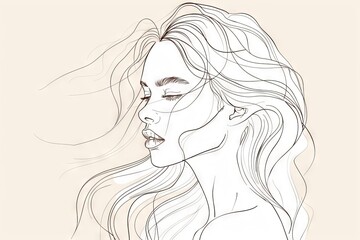 Minimalist line art portrait of elegant woman with flowing hair, continuous one line drawing